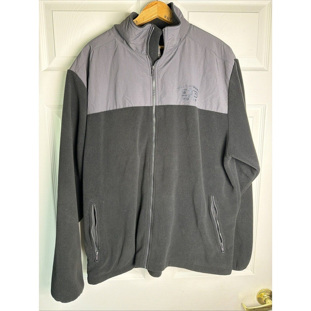 Disney Parks Men's Size L Fleece Jacket Full Zip Black Gray Pockets Logo Disney